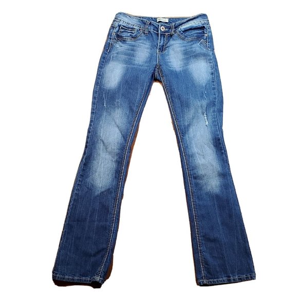YMI USA Womens juniors Bootcut Jeans Distressed Medium Wash Blue Sz 7 X 31 - Picture 1 of 7